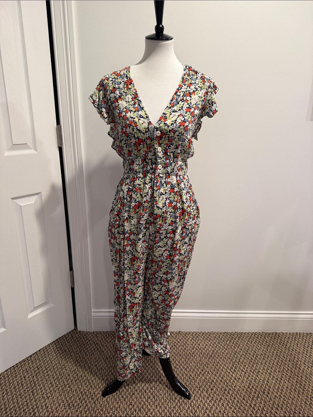 Free People Floral Button-Front Cap-Sleeve Jumpsuit in Multi